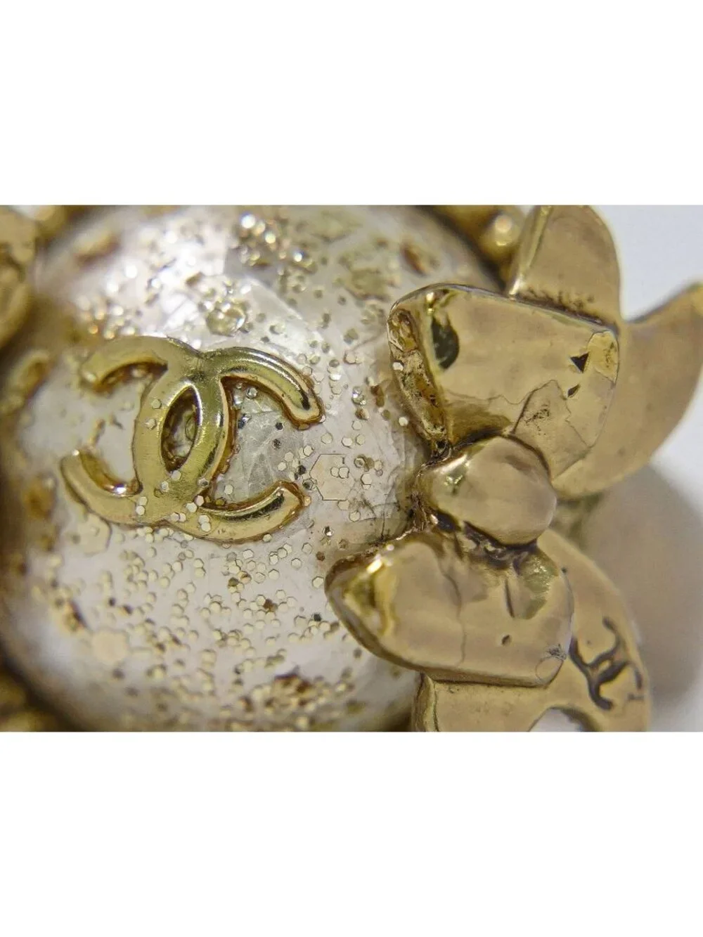 Chanel CC Logo Faux Pearl Ribbon Ring Gold Plated White